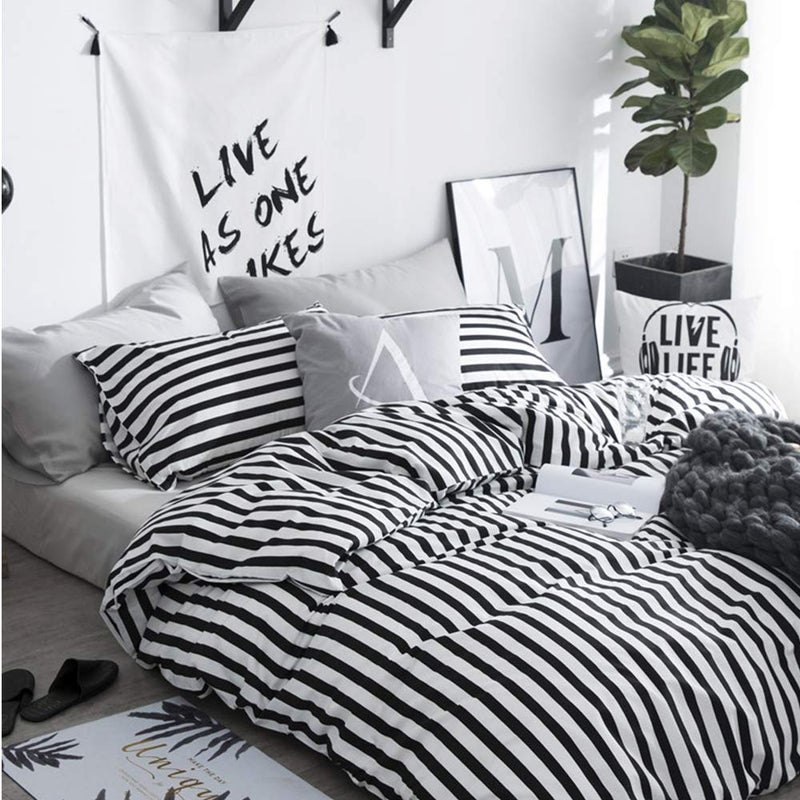 CLOTHKNOW Striped King Size Comforter Set 3Pcs Black White Bedding Comforter Sets Soft Farmhouse Ticking Comforter with 2 x Pillow Cases - Image 2